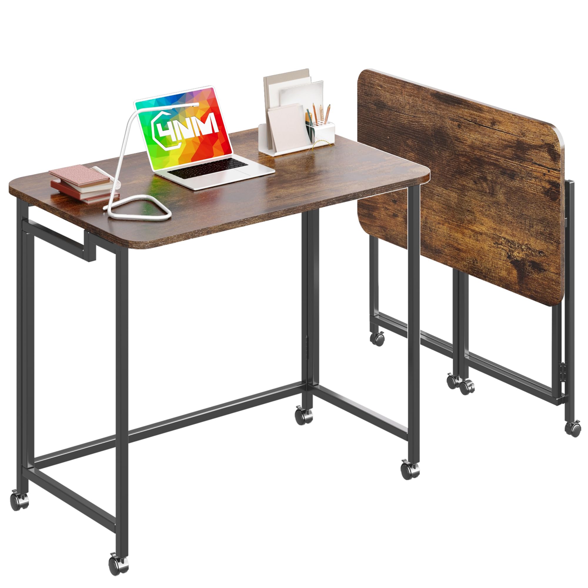 4NM 23.6" Mobile Small Rolling Computer Desk, Folding Laptop Cart Table with Wheels, Portable Office Desk for Small Space Couch Bed - All White