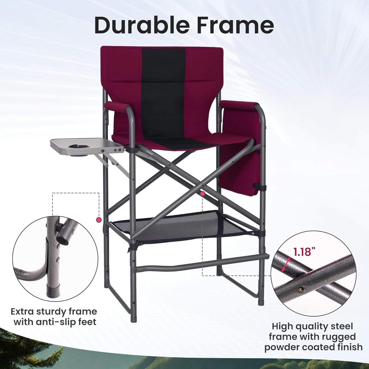 30" Bar Height Director Chair - 400lbs Heavy Duty with Detachable Footrest & Side Table, Portable Foldable Chair for Makeup Artists/Outdoor Events (Wine Red)