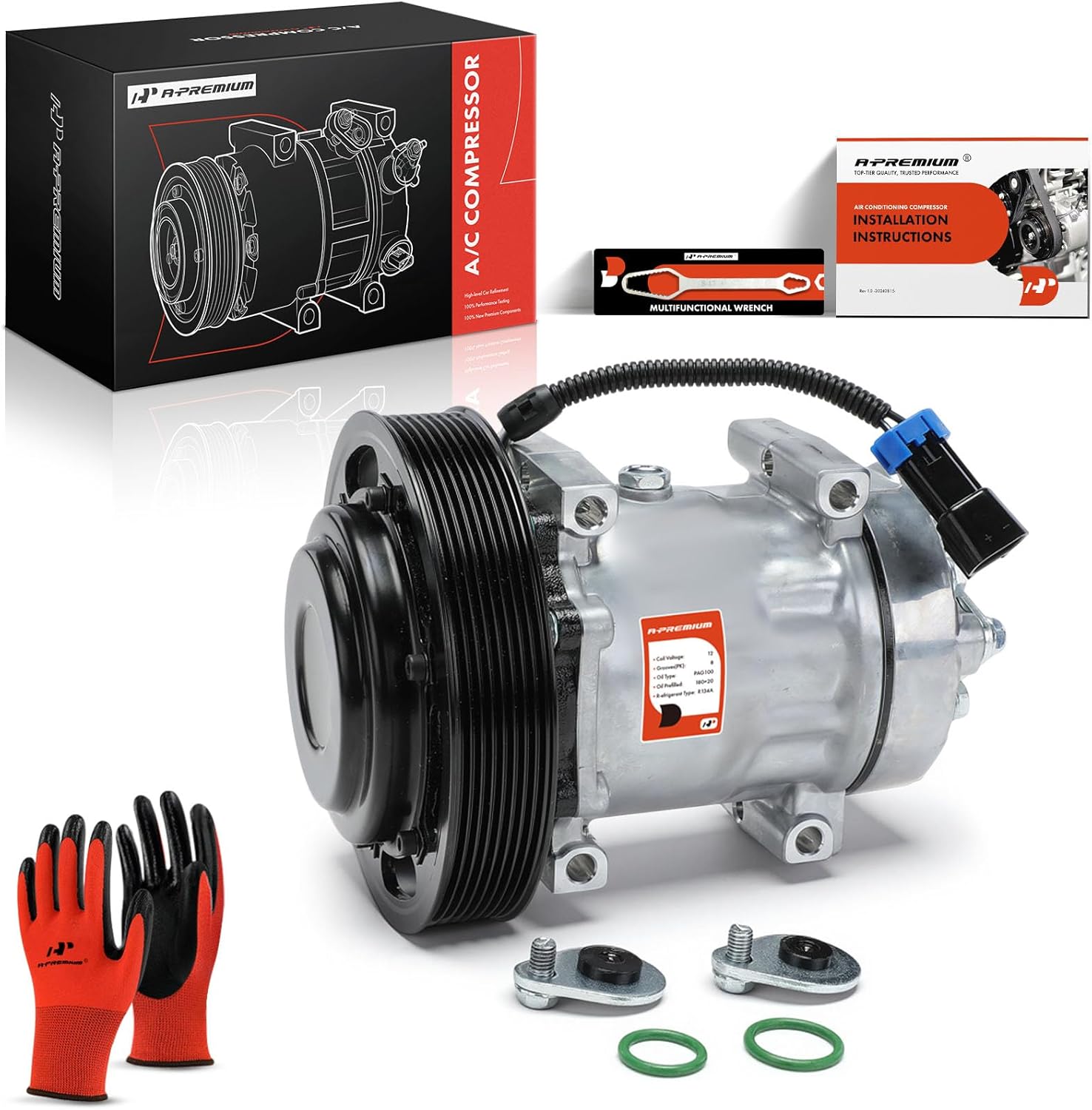 A-Premium Air Conditioner AC Compressor with Clutch Compatible with Volvo VAH 2011-2015, VHD 2008-2015, VNL 2008-2016, VNM 2008-2016 & Mack LEU MRU 2008-2015, 8.9L 10.8L 11.9L 12.1L 12.8L 14.9L 16.1L
