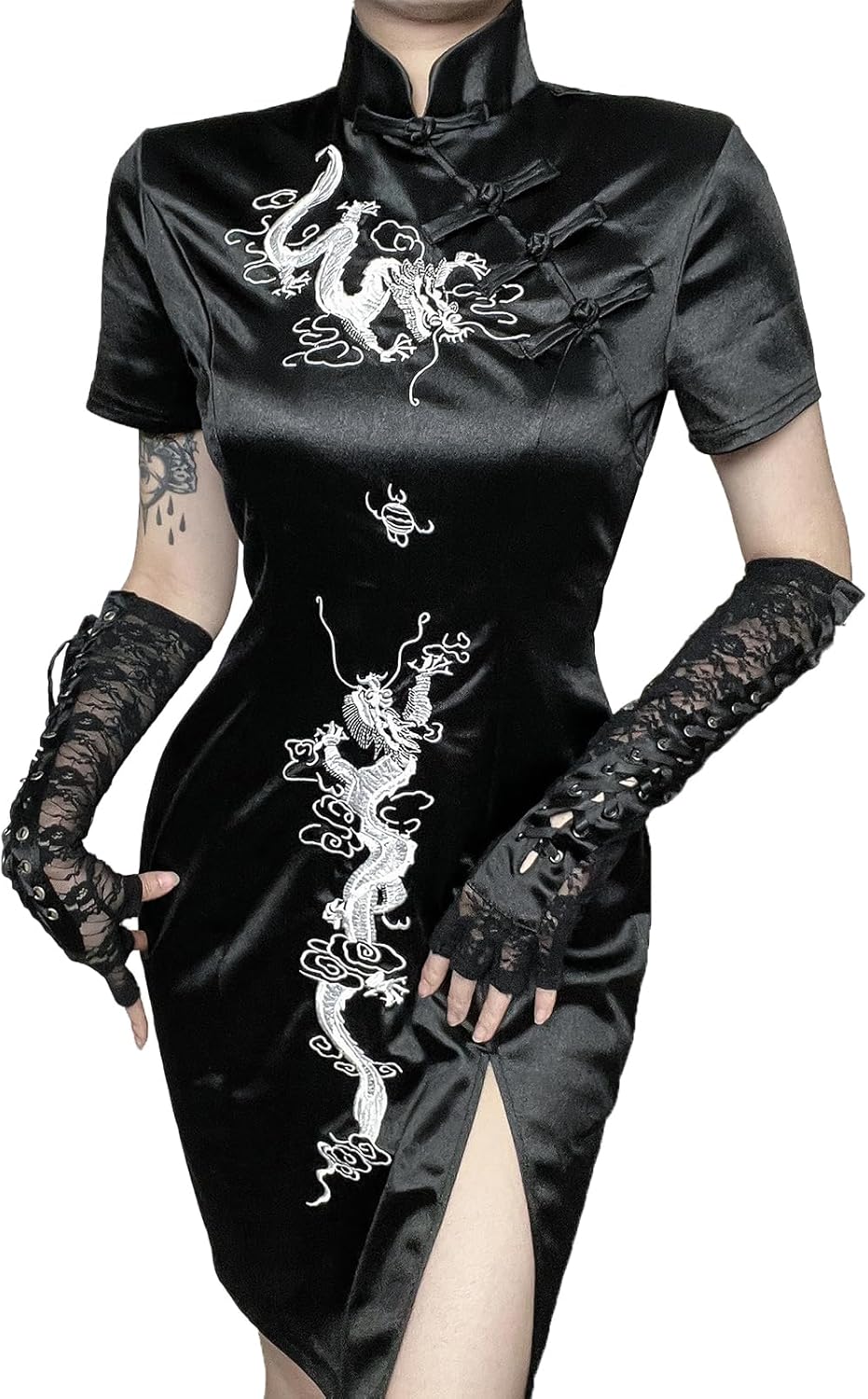 TSMNZMU Cheongsam Dress for Women Gothic Asian Sexy Midi Dress with Dragon Print