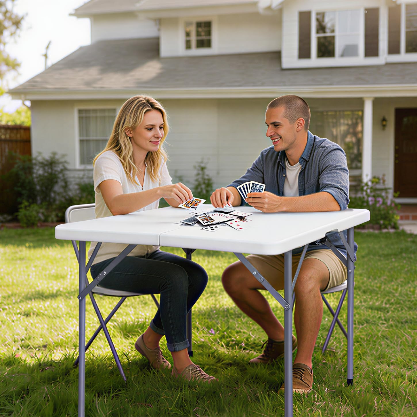 34" Square Folding Table, Plastic Commercial Folding Card Table with Collapsible Legs for Kitchen or Outdoor Party Wedding Event Indoor Outdoor Use, White