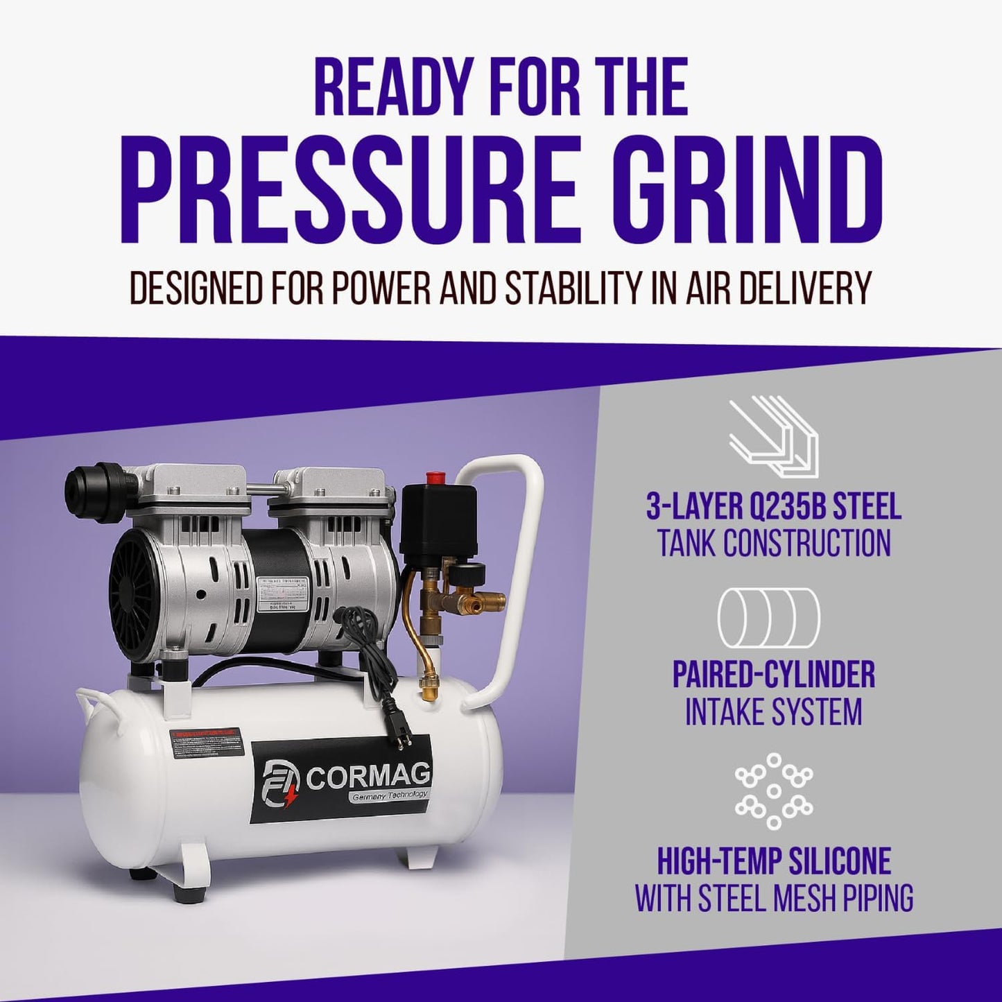 6.3 Gallon Ultra Quiet Air Compressor, 2HP 3.35 CFM@ 90PSI Pressure | 2800 RPM Oil-Free Portable Steel Tank filled in 60s, 60dB Quiet Compressor for Airbrush, Tire Inflation & Tools, 110V/60hz