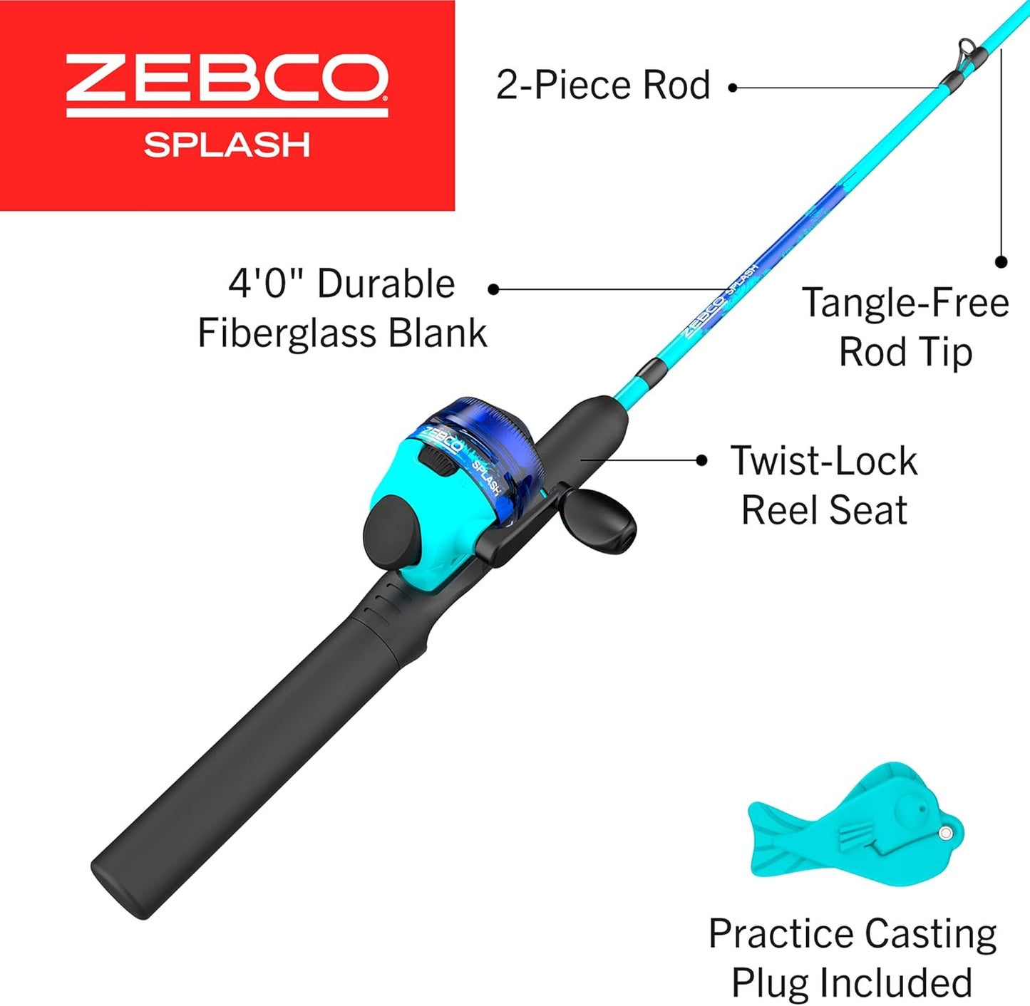 Zebco Kids Splash Jr. Spincast Reel and Fishing Rod Combo, 4-Foot 2-Piece Fishing Pole, Size 20 Reel, Right-Hand Retrieve, Pre-Spooled with 6-Pound Cajun Line