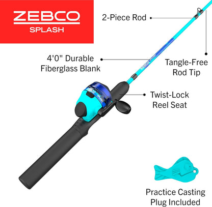 Zebco Kids Splash Jr. Spincast Reel and Fishing Rod Combo, 4-Foot 2-Piece Fishing Pole, Size 20 Reel, Right-Hand Retrieve, Pre-Spooled with 6-Pound Cajun Line