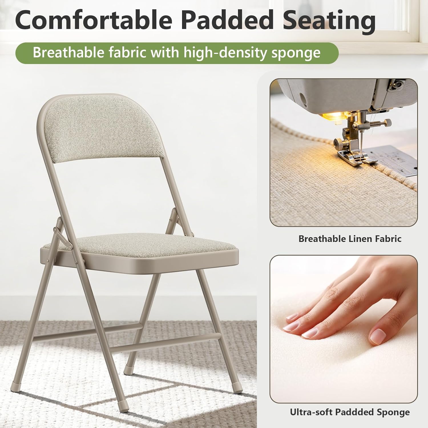 4 Pack Folding Chairs, Fabric Padded Folding Dining Chairs with Cushion Seat & Back, Indoor Outdoor Folding Chair Set for Home Office, Parties, Events, Wedding, Extra Guest Seating