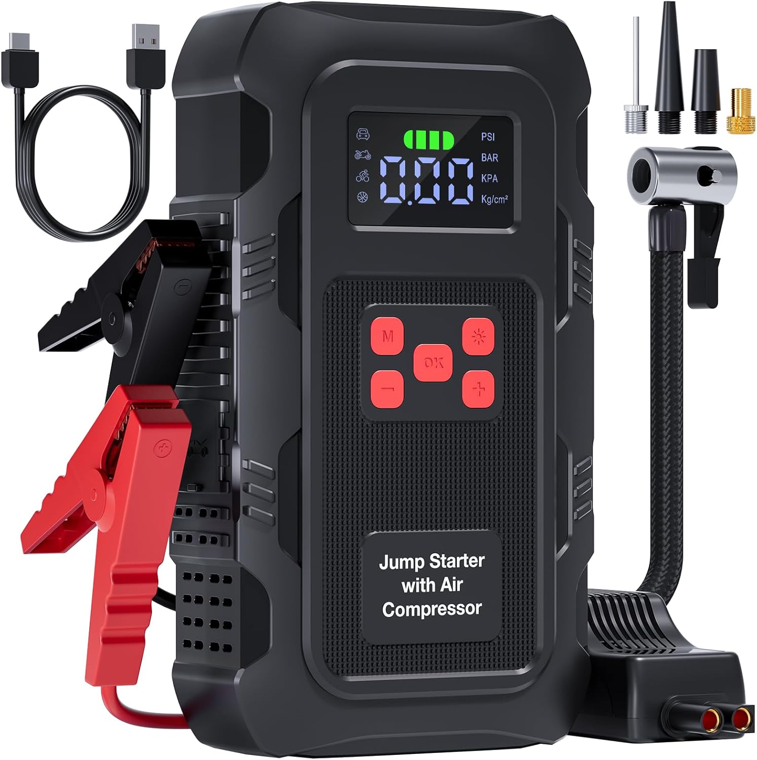 5000A Jump Starter with Air Compressor, Portable Car Battery Jump Starter with 150 PSI Tire Inflator for Up to 10.0L Gas and 8.0L Diesel Engines, 12V Jump Box Battery Charger Booster(Red)