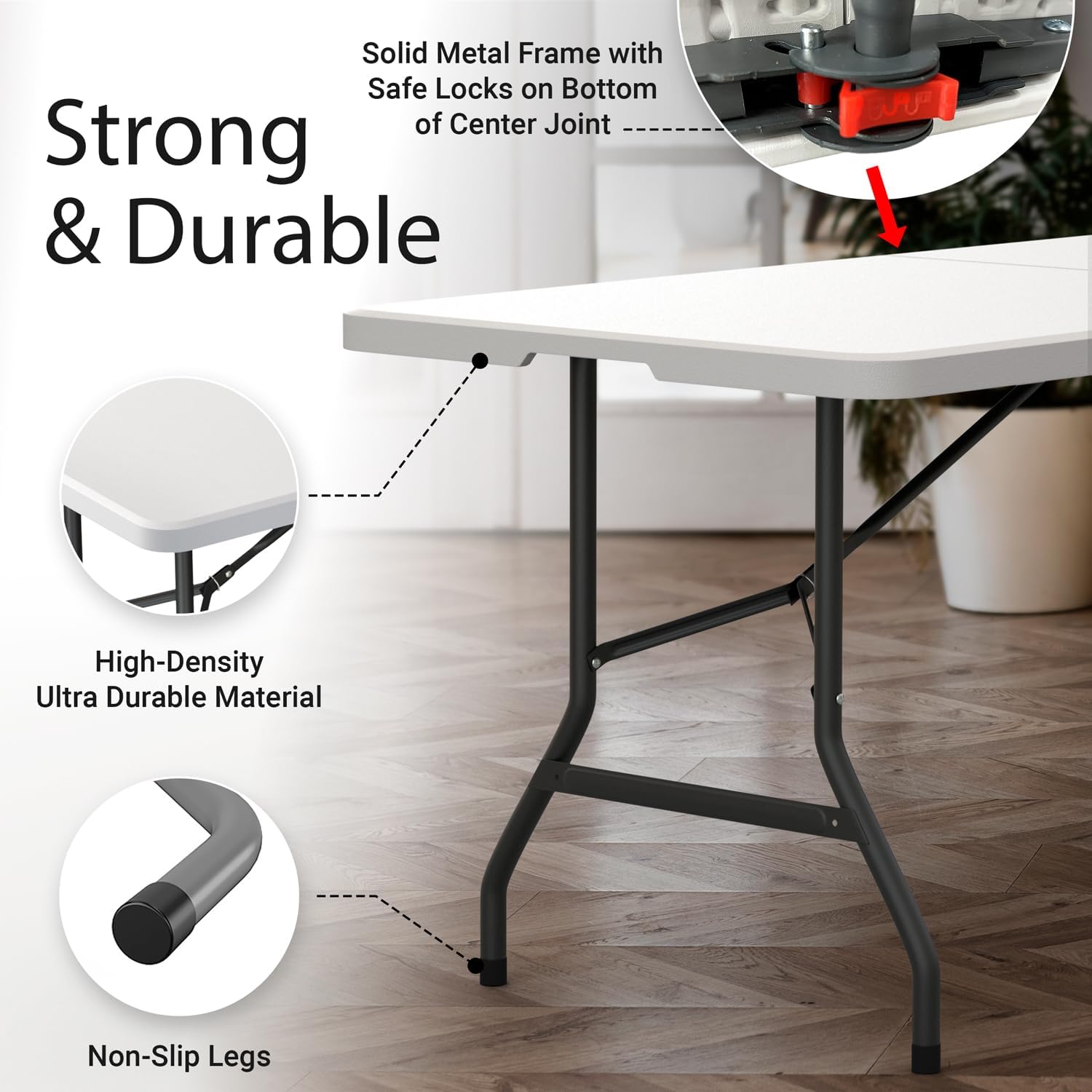 6 Feet Foldable Table with Built in Handle & Steel Legs | 6FT Heavy Duty Folding Portable | Perfect for Party, Dining, Wedding, Events, Picnic Indoor, Outdoor, Camping, Utility, Folding - 6 Foot