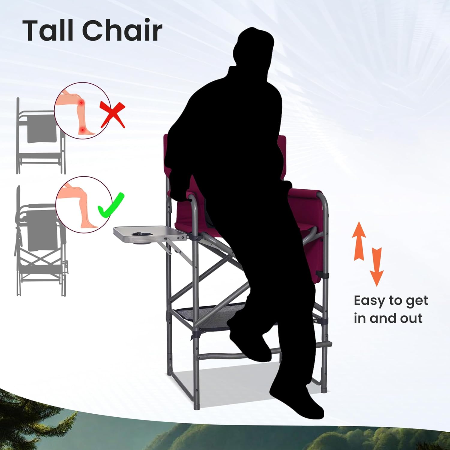 30" Bar Height Director Chair - 400lbs Heavy Duty with Detachable Footrest & Side Table, Portable Foldable Chair for Makeup Artists/Outdoor Events (Wine Red)