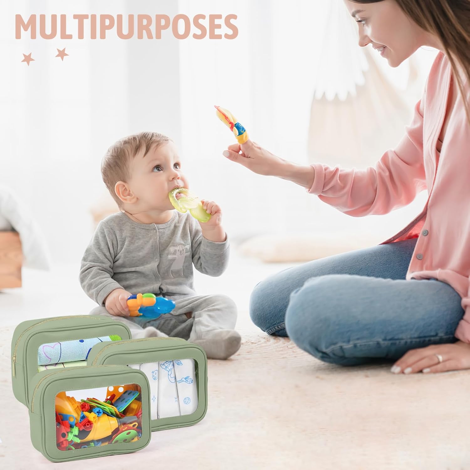 3PCS Clear Toiletry Bag,TSA Approved Travel Makeup Pouch with Zipper for Cosmetics and Toiletries，Diaper Bag Organizer Pouch Set，Women's Purse Organizer and Clear Car Bag