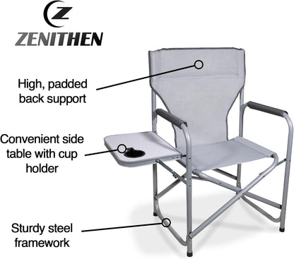 Zenithen Portable Outdoor Director's Folding Chair with Side Table Perfect for Sporting Events, Outdoor Activities, Camping, Patio Furniture, and Relaxing, Light Grey