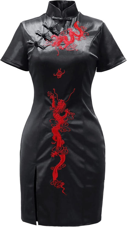 TSMNZMU Cheongsam Dress for Women Gothic Asian Sexy Midi Dress with Dragon Print