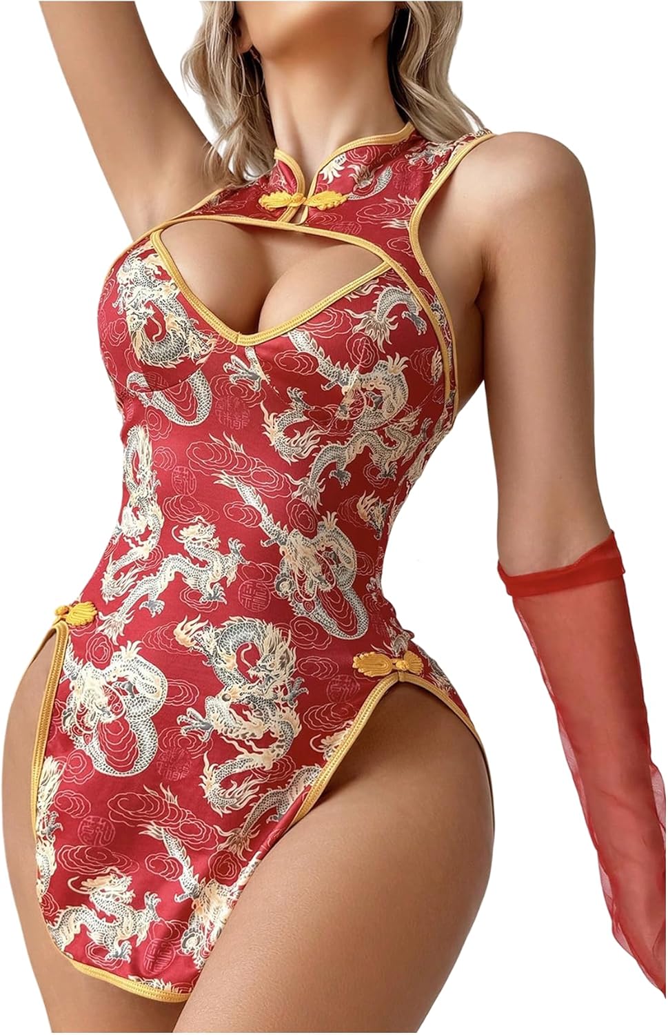 WDIRARA Women's Dragon Print Cut Out Cheongsam Lingerie Dress Slit Open Back Qipao Costume Outfits