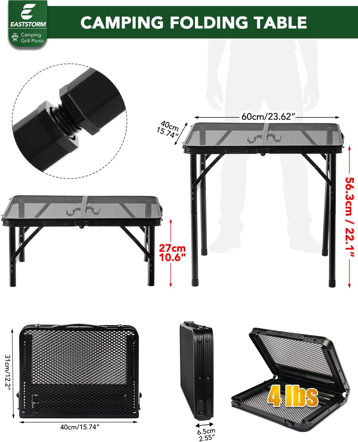 2Ft Small Folding Table with Carry Handle, Camping Table Adjustable Height 10.6–22 in, Black Metal Mesh, Portable & Compact for Outdoor/Indoor,Grill Table, 23.6×15.8 in, 4 lb, 66 lb Capacity