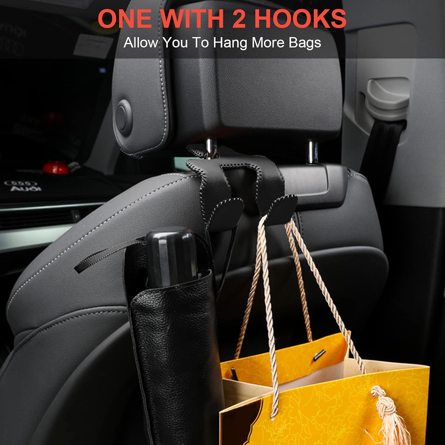 【2021 Upgraded】 Car Purse Hook, 2 in 1 Car Seat Headrest Hooks Durable Hanger Storage Holder Leather Organizer for Hanging Grocery Bags, 1 Pack, Black