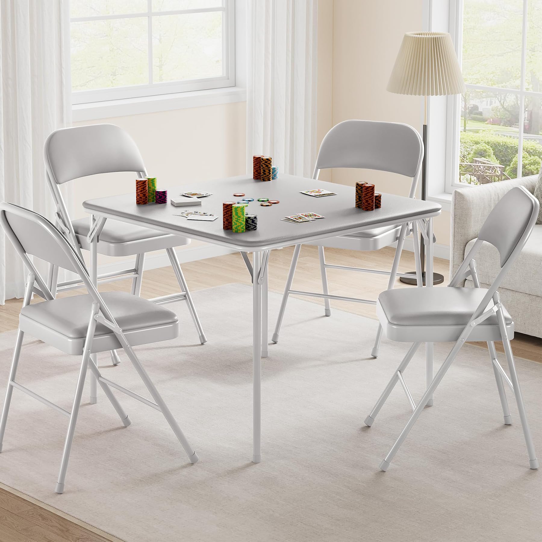 33.6 in Folding Card Table, Portable Square Folding Table, Foldable Table Suitable for Camping, Dining Room, Office, Metal Frame, Indoor and Outdoor, Space-Saving, No Assembly Required, Beige