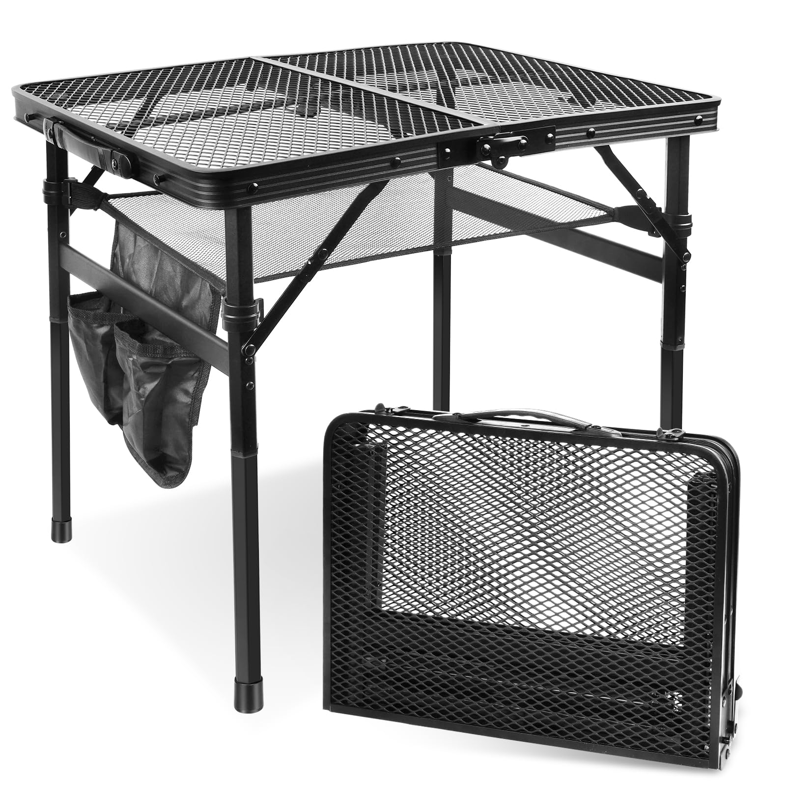 2Ft Small Folding Table with Carry Handle, Camping Table Adjustable Height 10.6–22 in, Black Metal Mesh, Portable & Compact for Outdoor/Indoor,Grill Table, 23.6×15.8 in, 4 lb, 66 lb Capacity