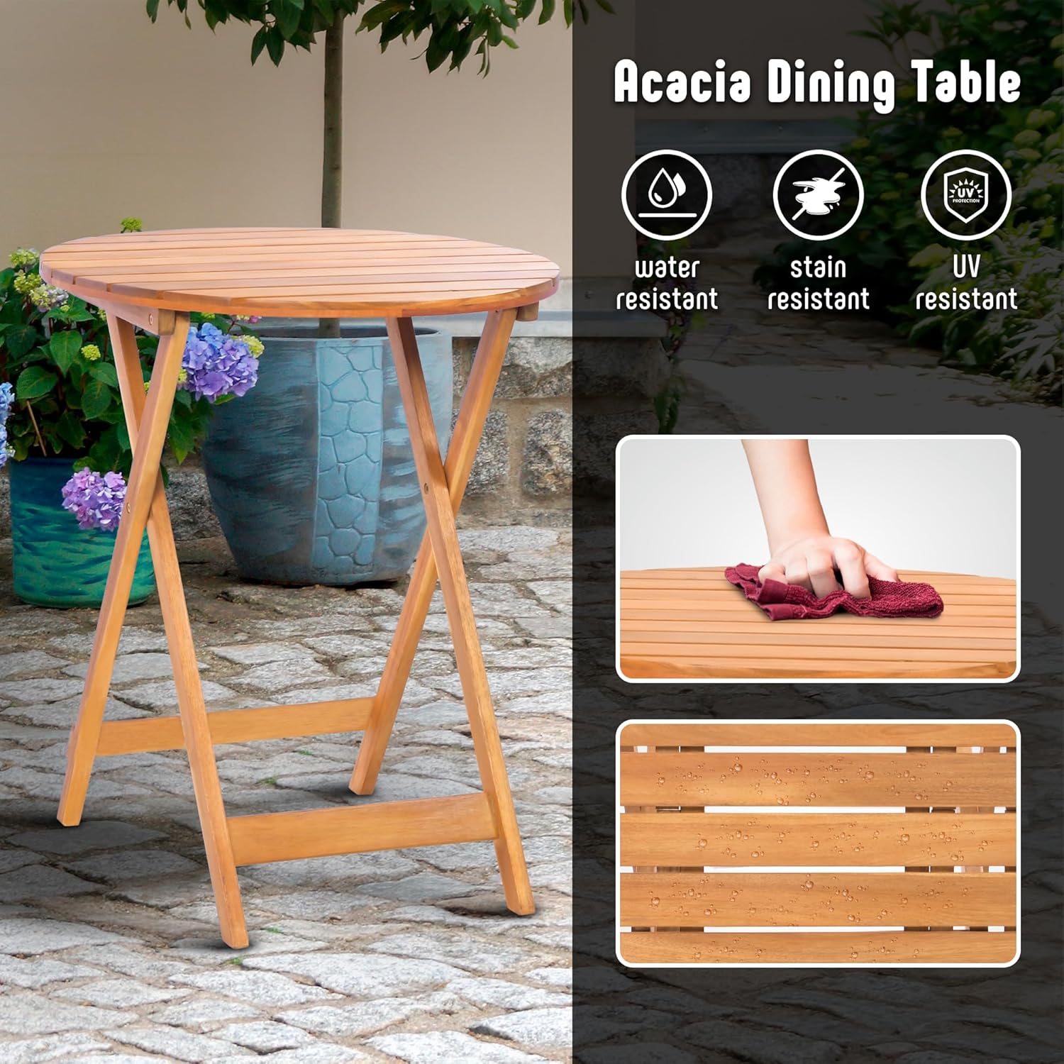 3-Piece Acacia Wood Patio Set, Foldable Bistro Table and Chairs Set of 2, Small Patio Furniture Set with Cushions, Folding Balcony Chairs Table Set for Apartment, Balcony, Deck or Porch