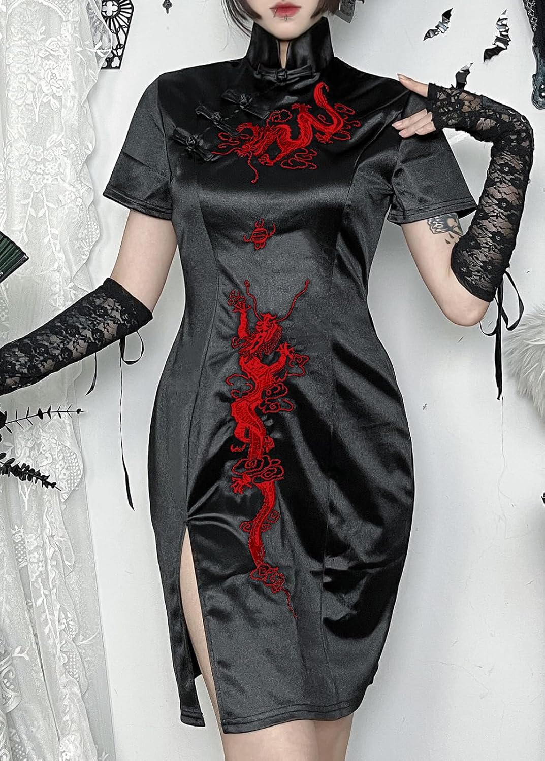 TSMNZMU Cheongsam Dress for Women Gothic Asian Sexy Midi Dress with Dragon Print