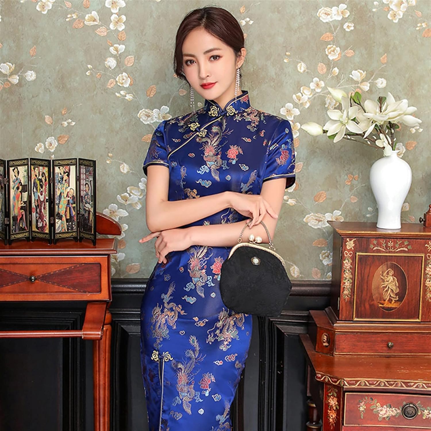 Sexy New Brocade Satin Long Fork Cheongsam Chinese Classic Women Qipao Elegant Short Sleeve Novelty Wedding Evening Dress
