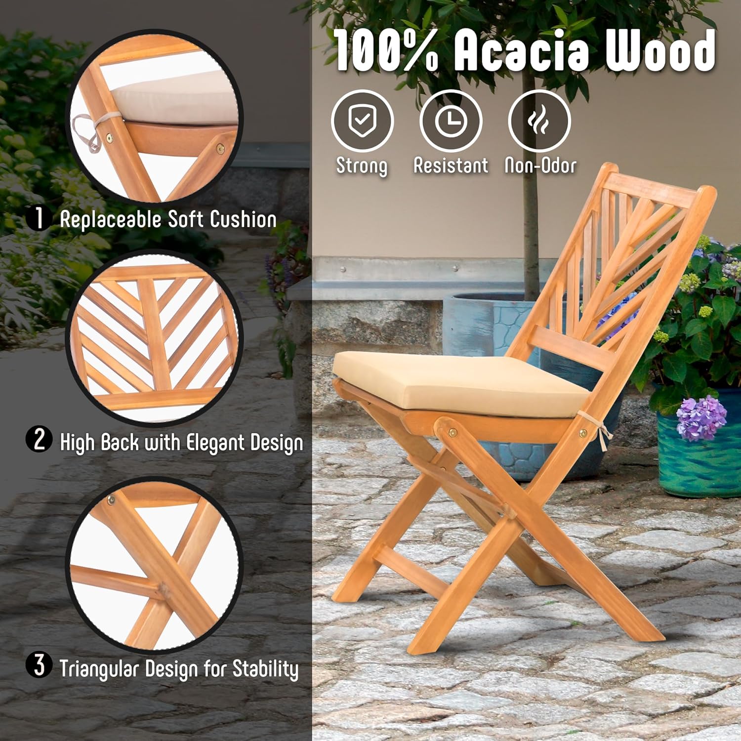 3-Piece Acacia Wood Patio Set, Foldable Bistro Table and Chairs Set of 2, Small Patio Furniture Set with Cushions, Folding Balcony Chairs Table Set for Apartment, Balcony, Deck or Porch