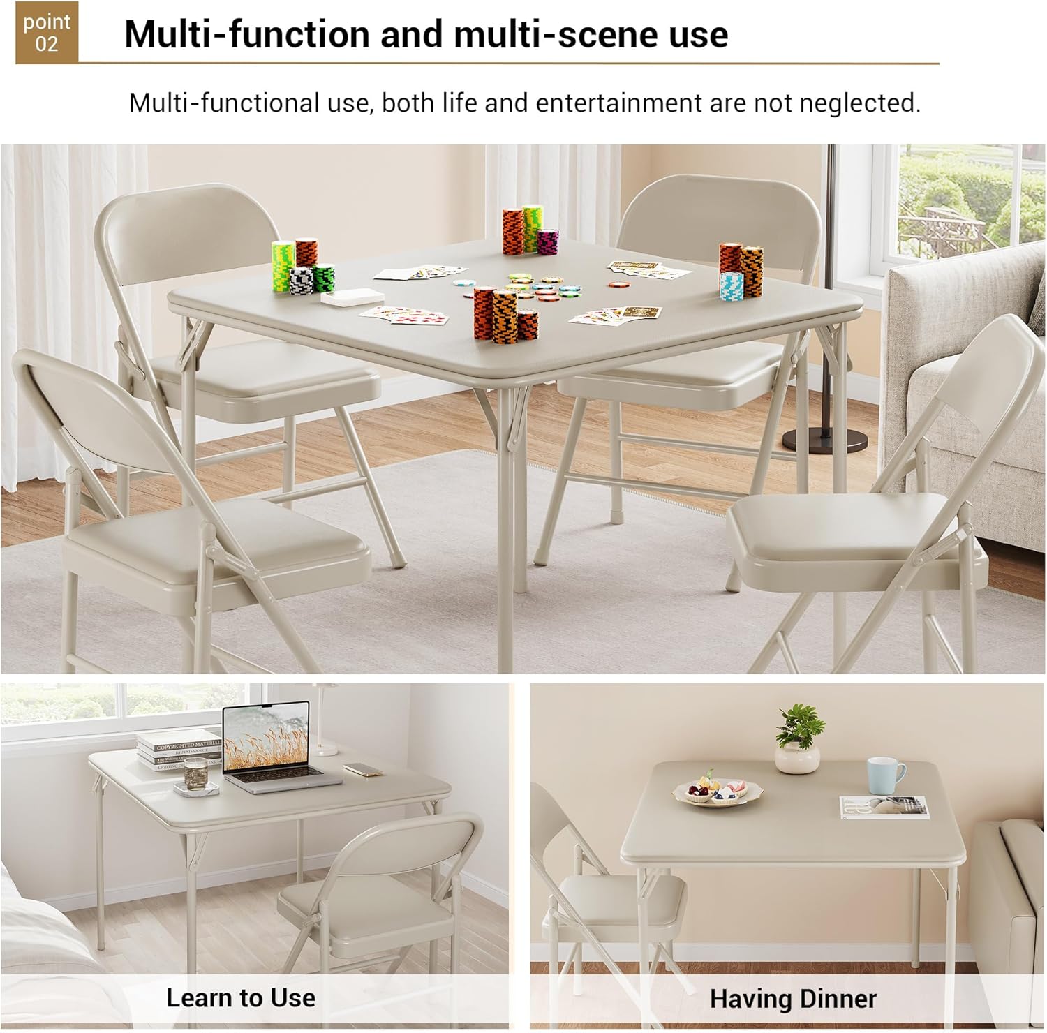 33.6 in Folding Card Table, Portable Square Folding Table, Foldable Table Suitable for Camping, Dining Room, Office, Metal Frame, Indoor and Outdoor, Space-Saving, No Assembly Required, Beige