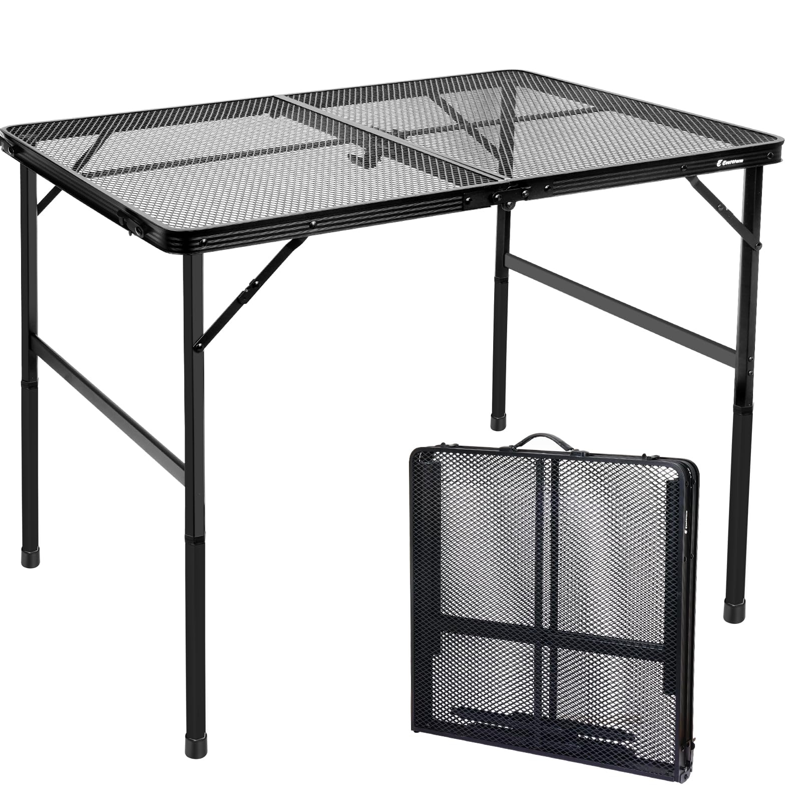 2Ft Small Folding Table with Carry Handle, Camping Table Adjustable Height 10.6–22 in, Black Metal Mesh, Portable & Compact for Outdoor/Indoor,Grill Table, 23.6×15.8 in, 4 lb, 66 lb Capacity