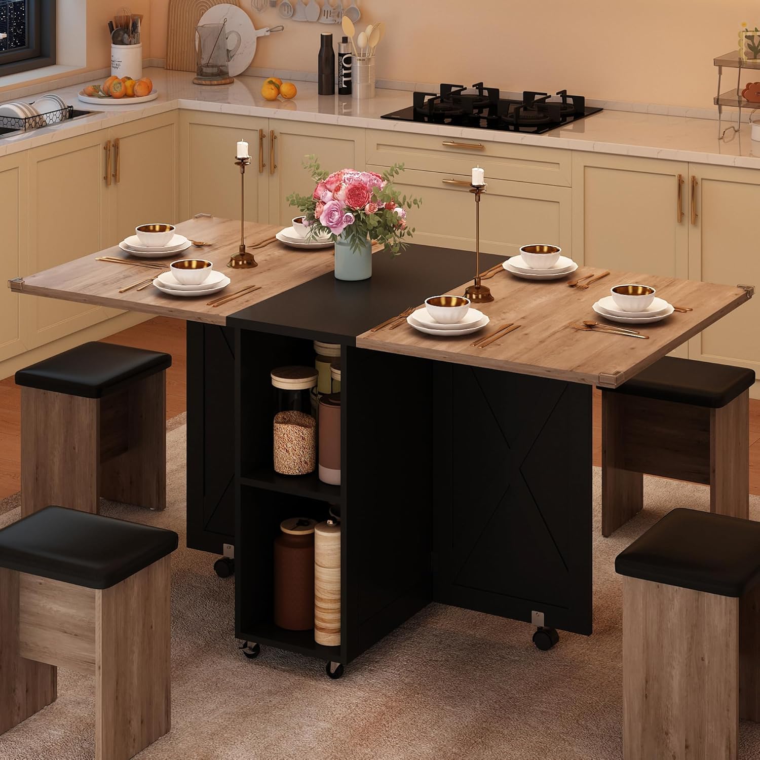 5 PCS Farmhouse Dining Table Set for 4,60" Large Folding Dining Table Set w/ 4 Leather Chairs, Drop Leaf Foldable Kitchen Table for Small Spaces,Barn Door Design,6 Wheels,2-Layer Storage Shelf,Black