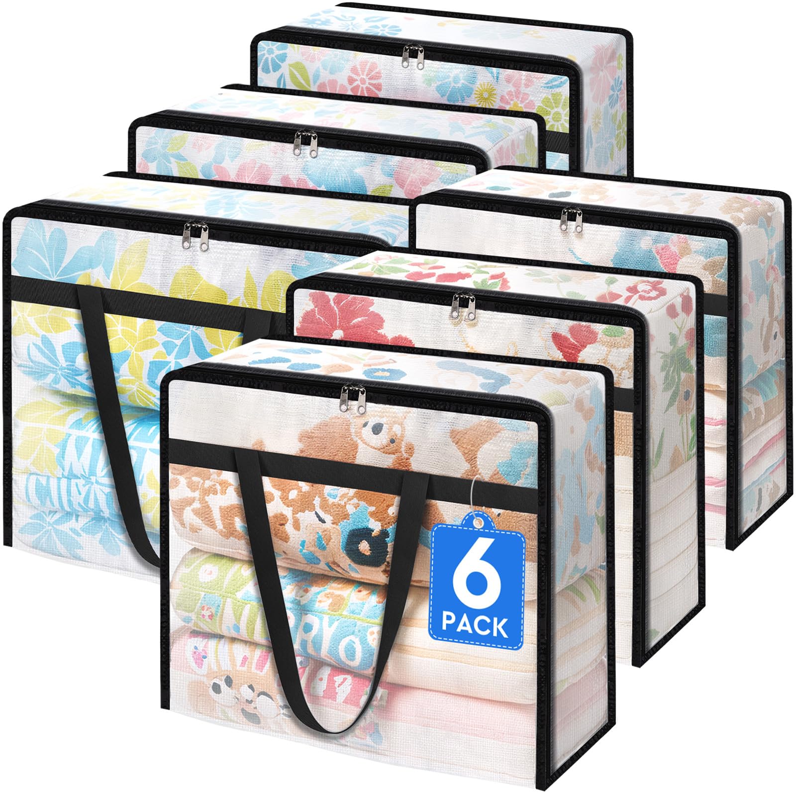 6 Pack Clear Storage Bags for Comforter, Clothes & Bedding, Plastic Blanket Storage with Zipper and Handle, Moving Bags, Closet Organizer and Under-Bed Storage (40L)