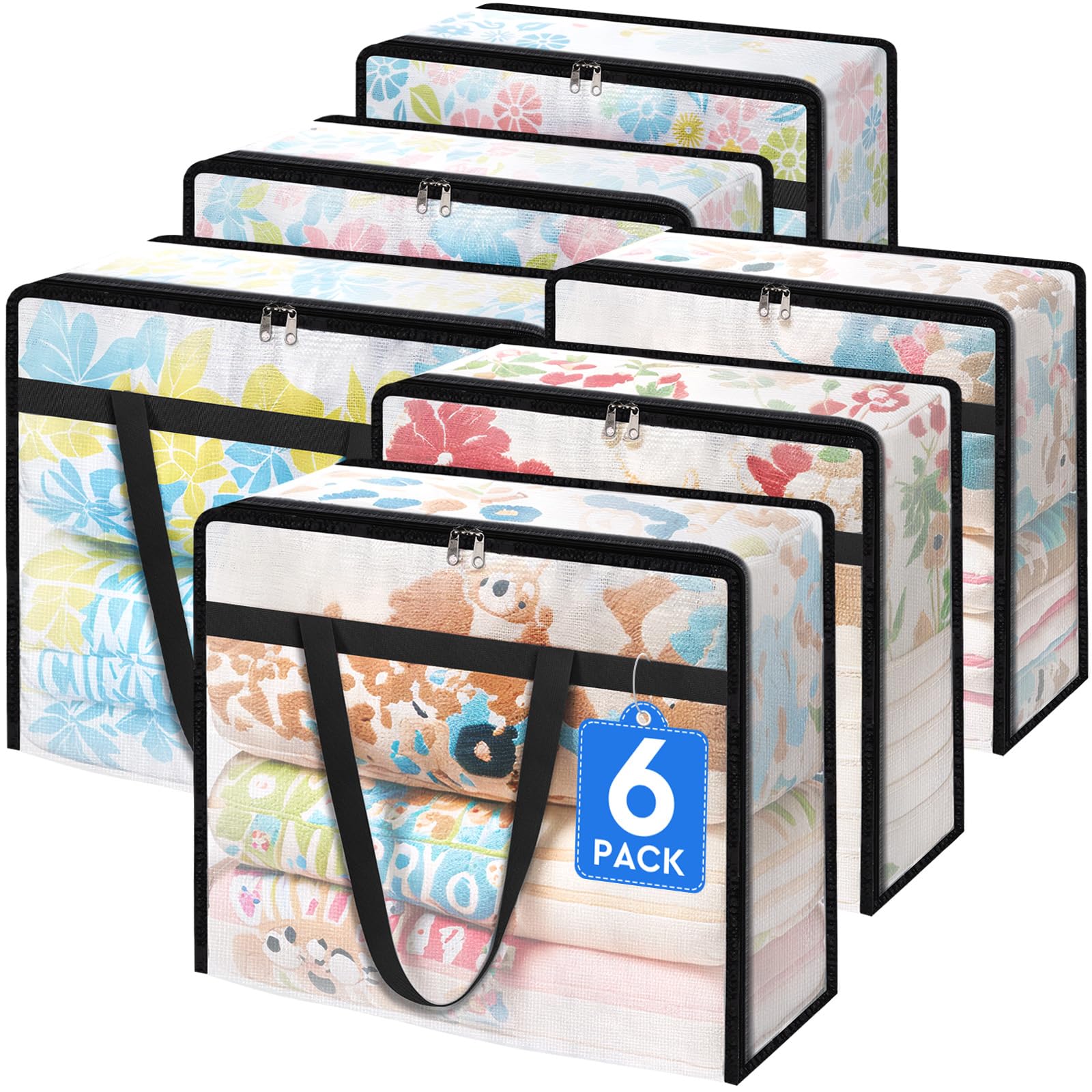 6 Pack Clear Storage Bags for Comforter, Clothes & Bedding, Plastic Blanket Storage with Zipper and Handle, Moving Bags, Closet Organizer and Under-Bed Storage (40L)