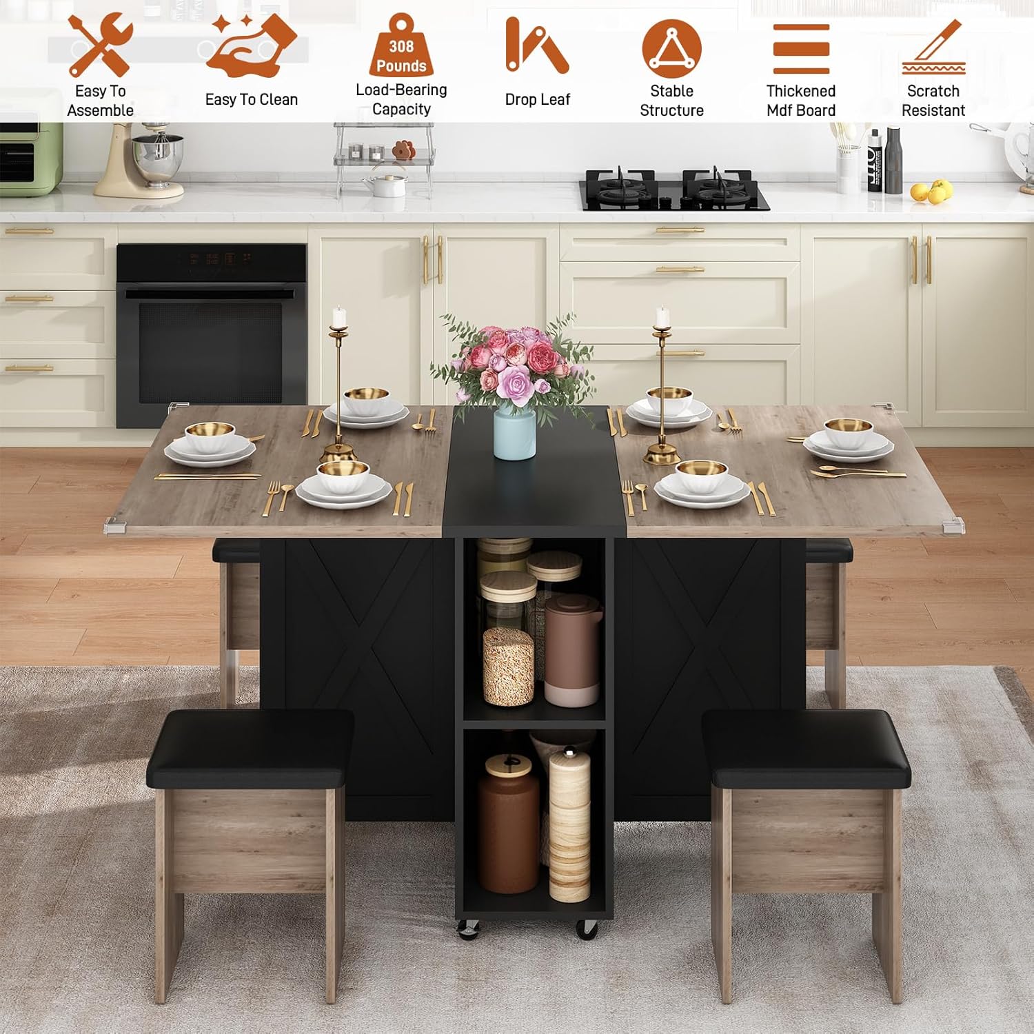 5 PCS Farmhouse Dining Table Set for 4,60" Large Folding Dining Table Set w/ 4 Leather Chairs, Drop Leaf Foldable Kitchen Table for Small Spaces,Barn Door Design,6 Wheels,2-Layer Storage Shelf,Black