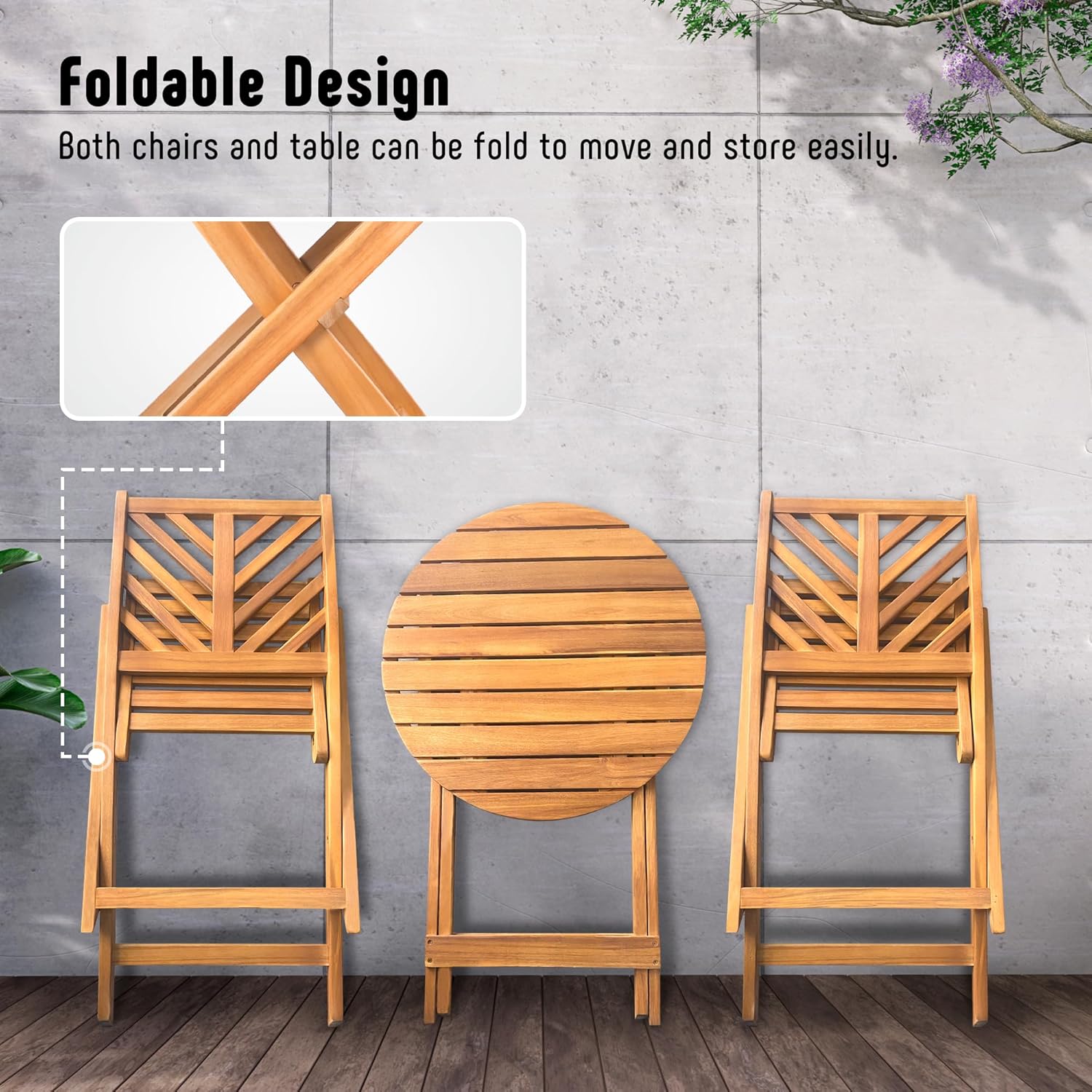 3-Piece Acacia Wood Patio Set, Foldable Bistro Table and Chairs Set of 2, Small Patio Furniture Set with Cushions, Folding Balcony Chairs Table Set for Apartment, Balcony, Deck or Porch