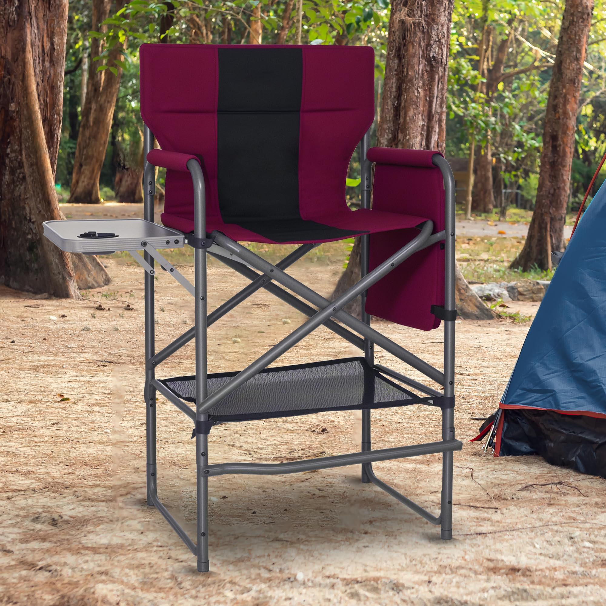 30" Bar Height Director Chair - 400lbs Heavy Duty with Detachable Footrest & Side Table, Portable Foldable Chair for Makeup Artists/Outdoor Events (Wine Red)