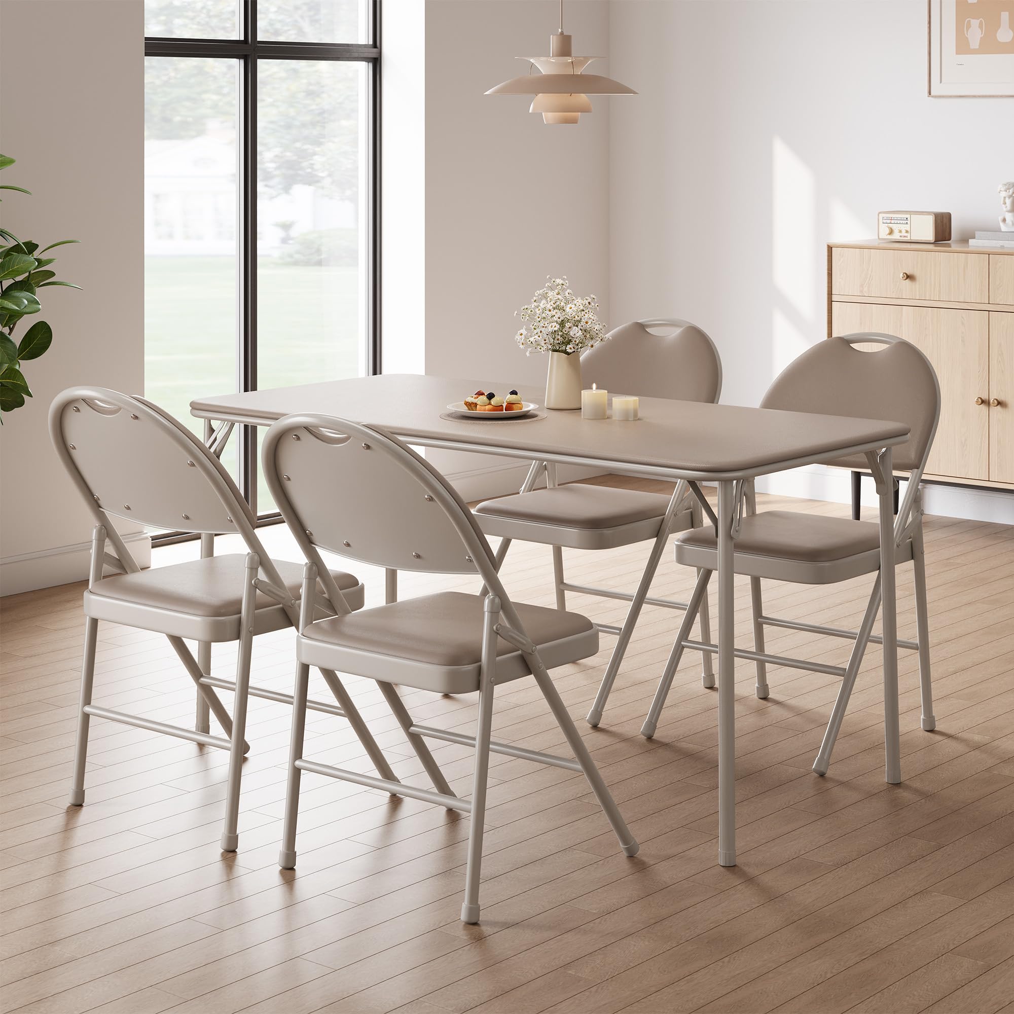 5-Piece Rectangle Folding Table and Chairs Set, Foldable Portable Card Table and Chairs, Scratch & Stain Resistant Tabletop, for Dining Room, Living Room, Office, Camping, Gatherings, Beige