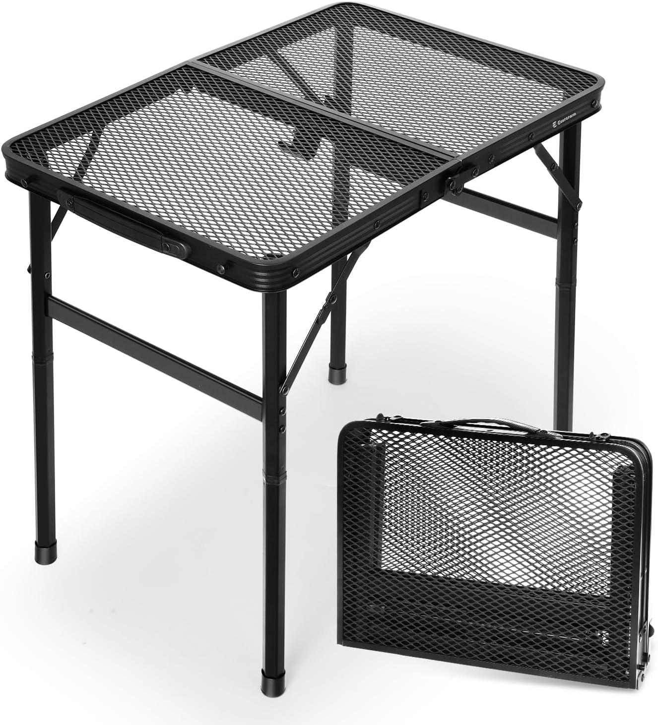 2Ft Small Folding Table with Carry Handle, Camping Table Adjustable Height 10.6–22 in, Black Metal Mesh, Portable & Compact for Outdoor/Indoor,Grill Table, 23.6×15.8 in, 4 lb, 66 lb Capacity