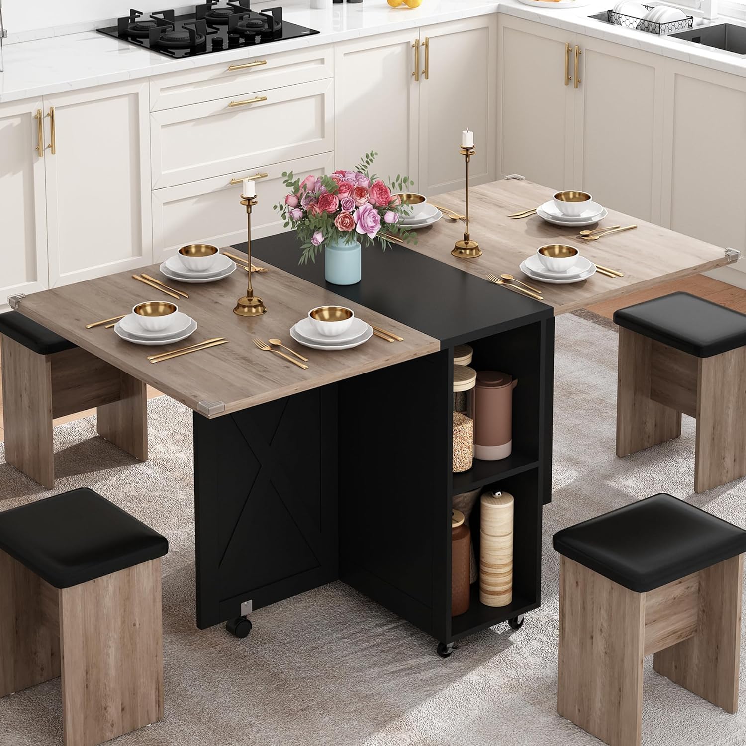 5 PCS Farmhouse Dining Table Set for 4,60" Large Folding Dining Table Set w/ 4 Leather Chairs, Drop Leaf Foldable Kitchen Table for Small Spaces,Barn Door Design,6 Wheels,2-Layer Storage Shelf,Black