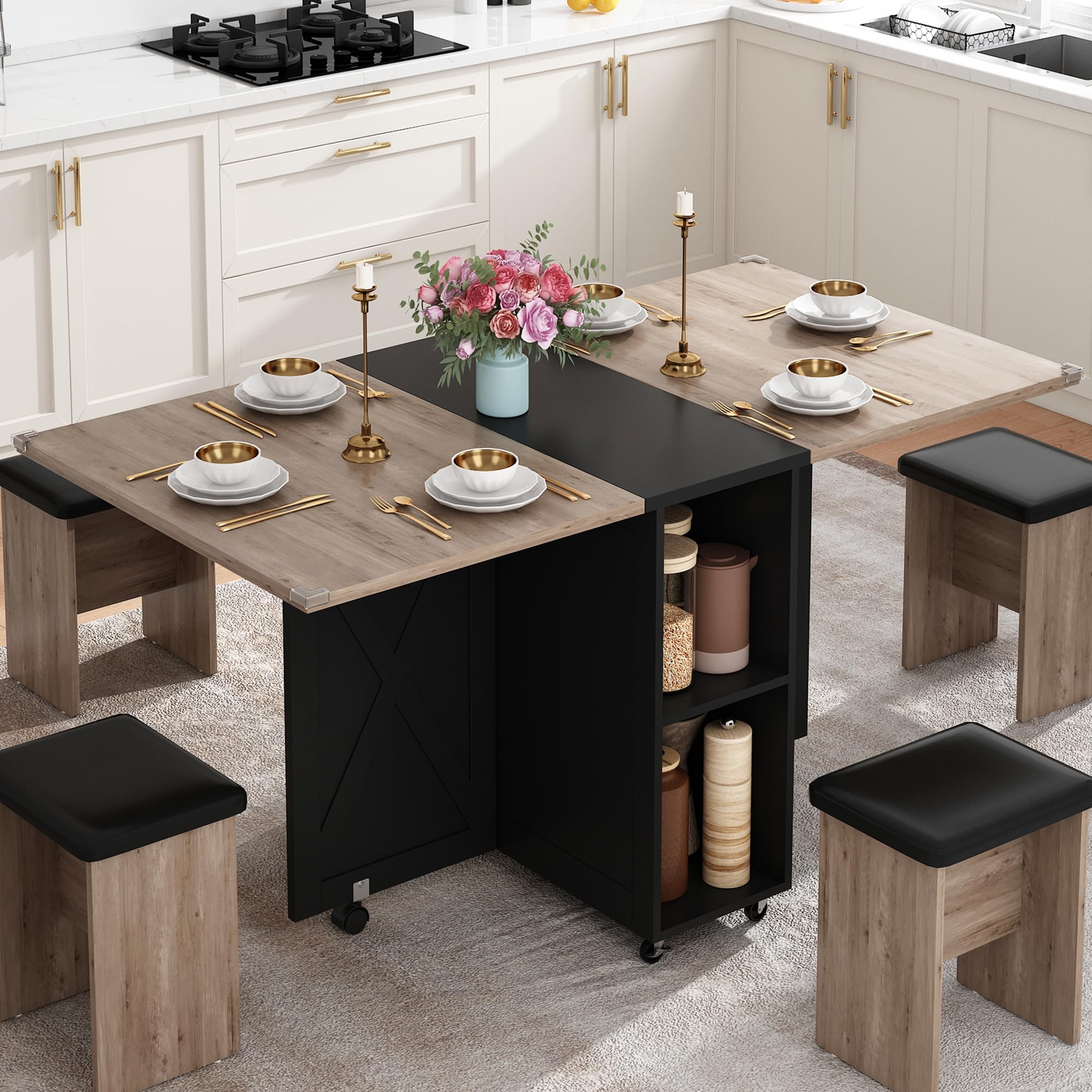 5 PCS Farmhouse Dining Table Set for 4,60" Large Folding Dining Table Set w/ 4 Leather Chairs, Drop Leaf Foldable Kitchen Table for Small Spaces,Barn Door Design,6 Wheels,2-Layer Storage Shelf,Black