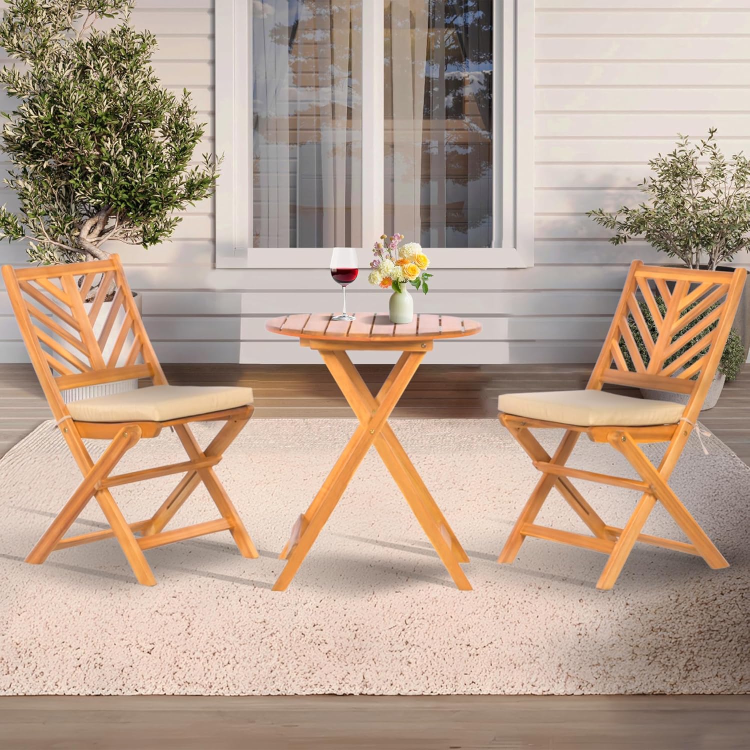 3-Piece Acacia Wood Patio Set, Foldable Bistro Table and Chairs Set of 2, Small Patio Furniture Set with Cushions, Folding Balcony Chairs Table Set for Apartment, Balcony, Deck or Porch