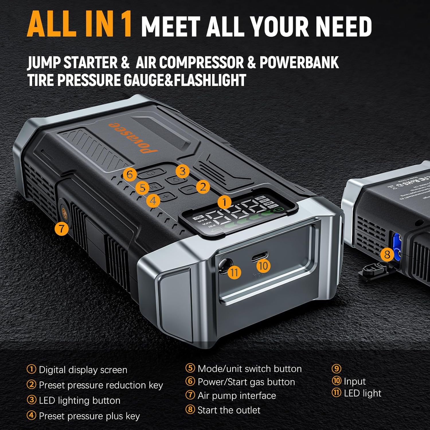 [2026NEW Model] 5000A Jump Starter with Air Compressor,Car Jumper Starter Portable with 150PSI Tire Inflator 12V Jump Box with LCD Display,Flashlight,Storage Case (Up 9L Gas/8L Diesel Engine