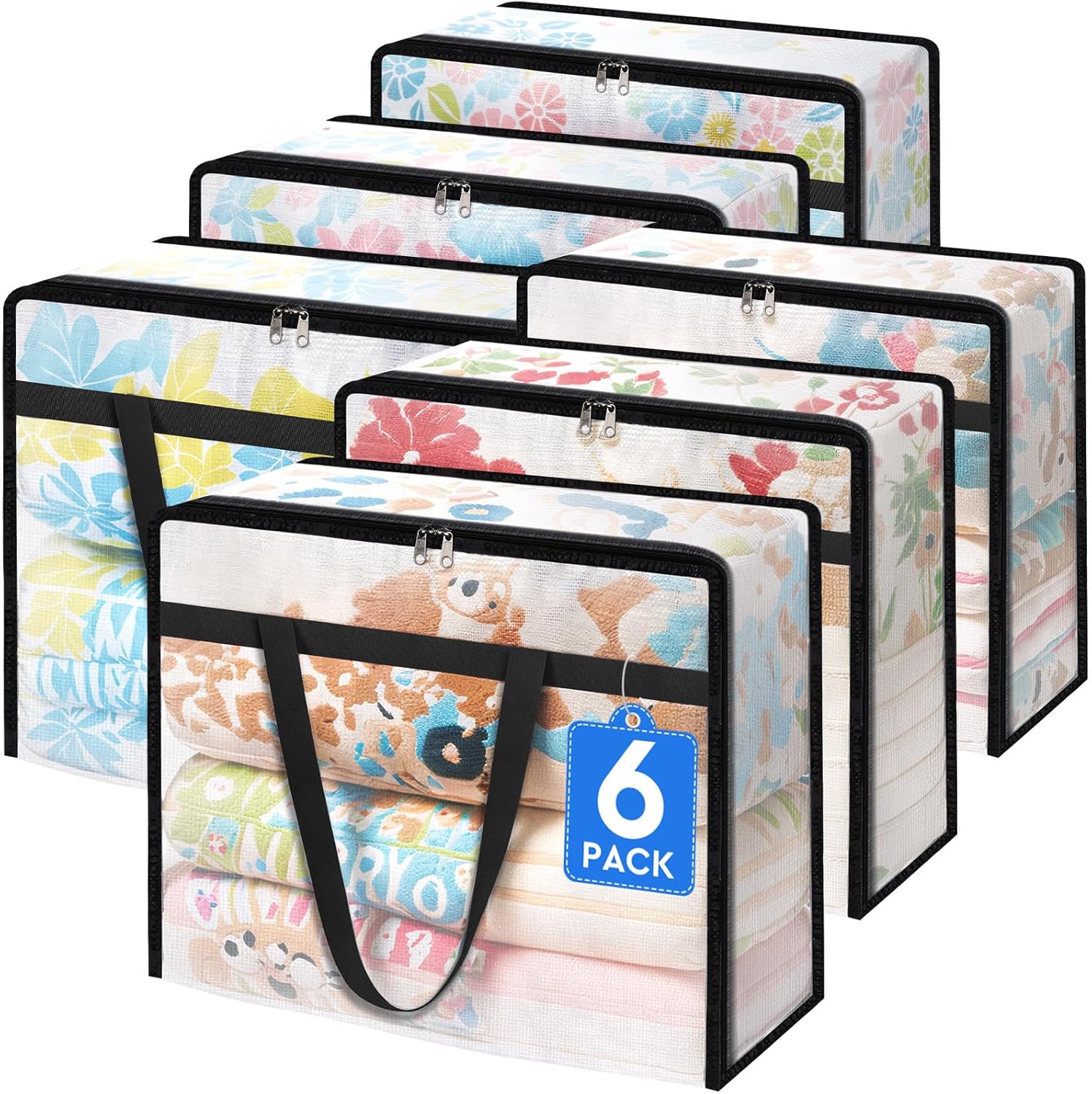 6 Pack Clear Storage Bags for Comforter, Clothes & Bedding, Plastic Blanket Storage with Zipper and Handle, Moving Bags, Closet Organizer and Under-Bed Storage (40L)