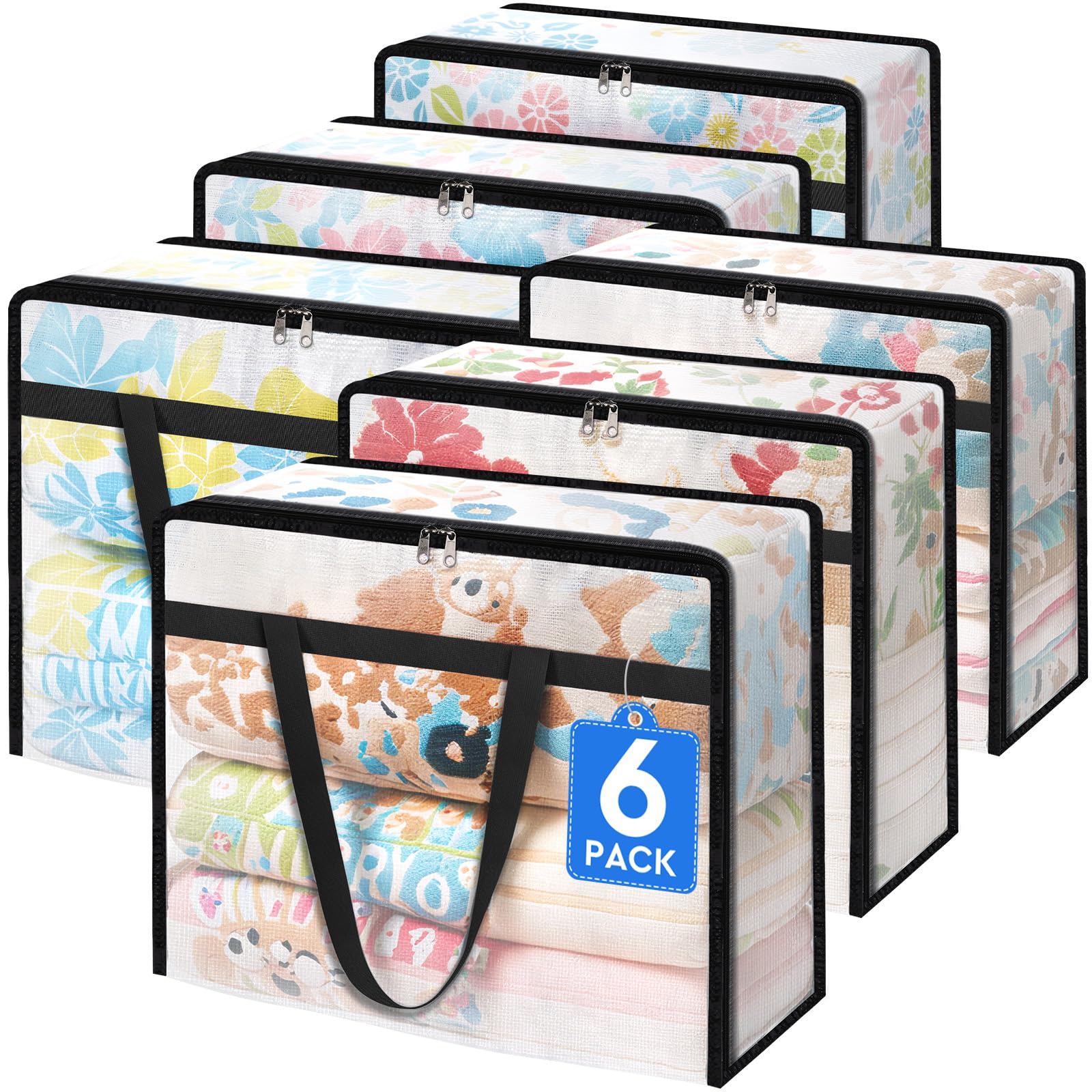 6 Pack Clear Storage Bags for Comforter, Clothes & Bedding, Plastic Blanket Storage with Zipper and Handle, Moving Bags, Closet Organizer and Under-Bed Storage (40L)