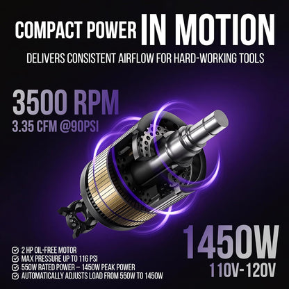 6.3 Gallon Ultra Quiet Air Compressor, 2HP 3.35 CFM@ 90PSI Pressure | 2800 RPM Oil-Free Portable Steel Tank filled in 60s, 60dB Quiet Compressor for Airbrush, Tire Inflation & Tools, 110V/60hz