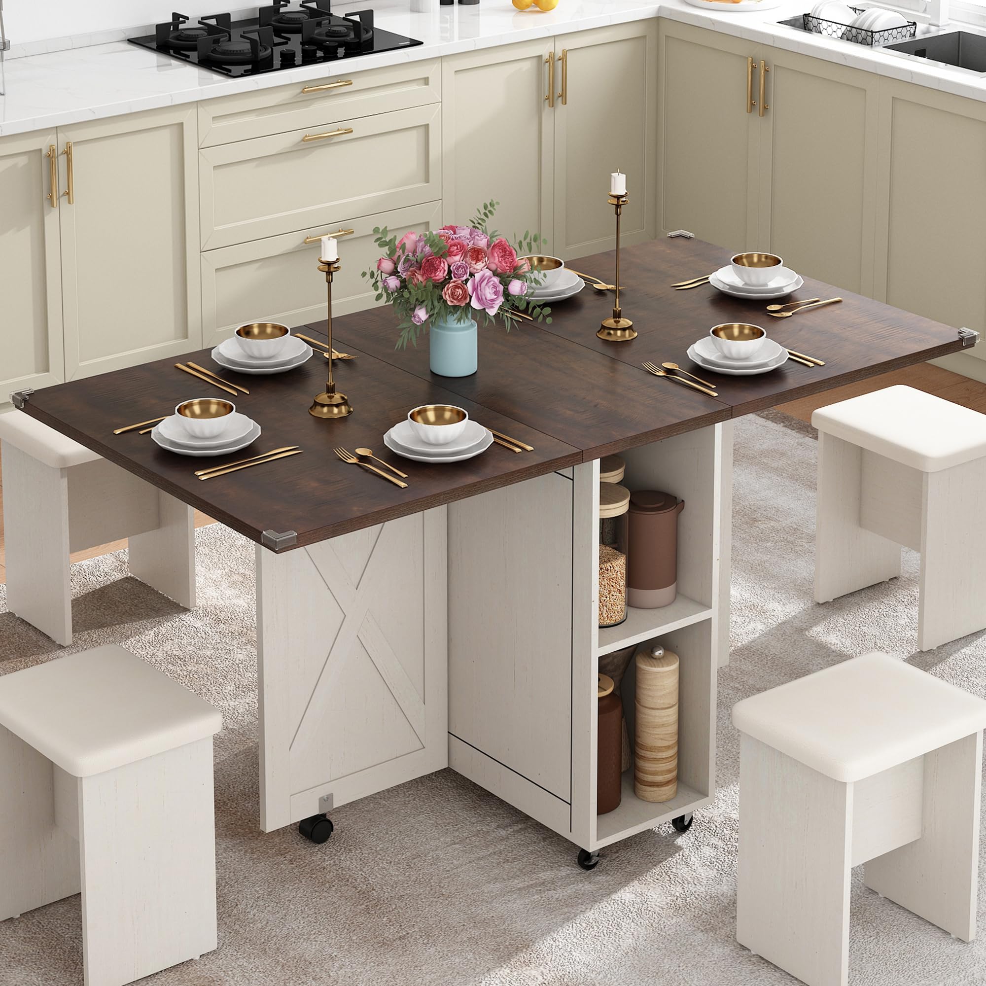 5 PCS Farmhouse Dining Table Set for 4,60" Large Folding Dining Table Set w/ 4 Leather Chairs, Drop Leaf Foldable Kitchen Table for Small Spaces,Barn Door Design,6 Wheels,2-Layer Storage Shelf,Black