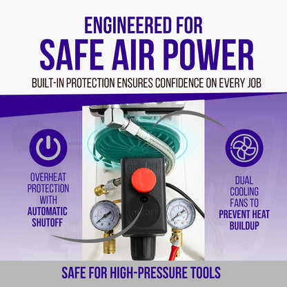 6.3 Gallon Ultra Quiet Air Compressor, 2HP 3.35 CFM@ 90PSI Pressure | 2800 RPM Oil-Free Portable Steel Tank filled in 60s, 60dB Quiet Compressor for Airbrush, Tire Inflation & Tools, 110V/60hz