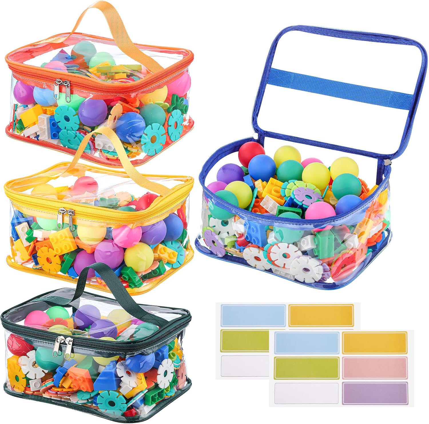 4 Packs Clear Toy Storage Bags, Colorful PVC Waterproof Toy Organizer with Zip Reusable Bags for Building Blocks, Board Game, Puzzles, Kids Books, Stationery
