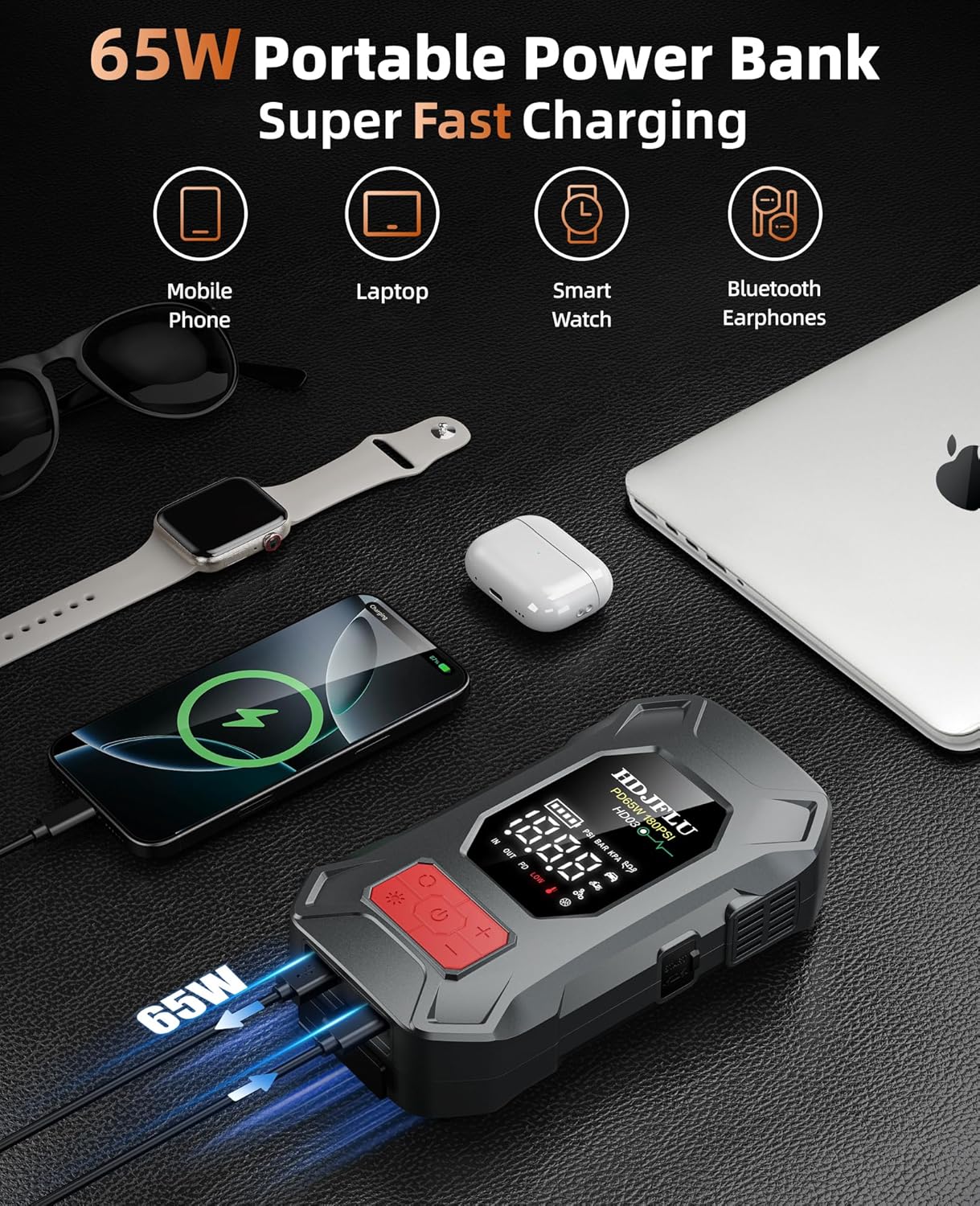 7500A Jump Starter with 180PSI Air Compressor, 24000mAh Car Battery Jump Starter(All Gas/10.0L Diesel), 65W Fast Charge, 10-in-1 Portable Auto Tire Inflator, Cigarette Lighter, Jumper Cable, LED Light