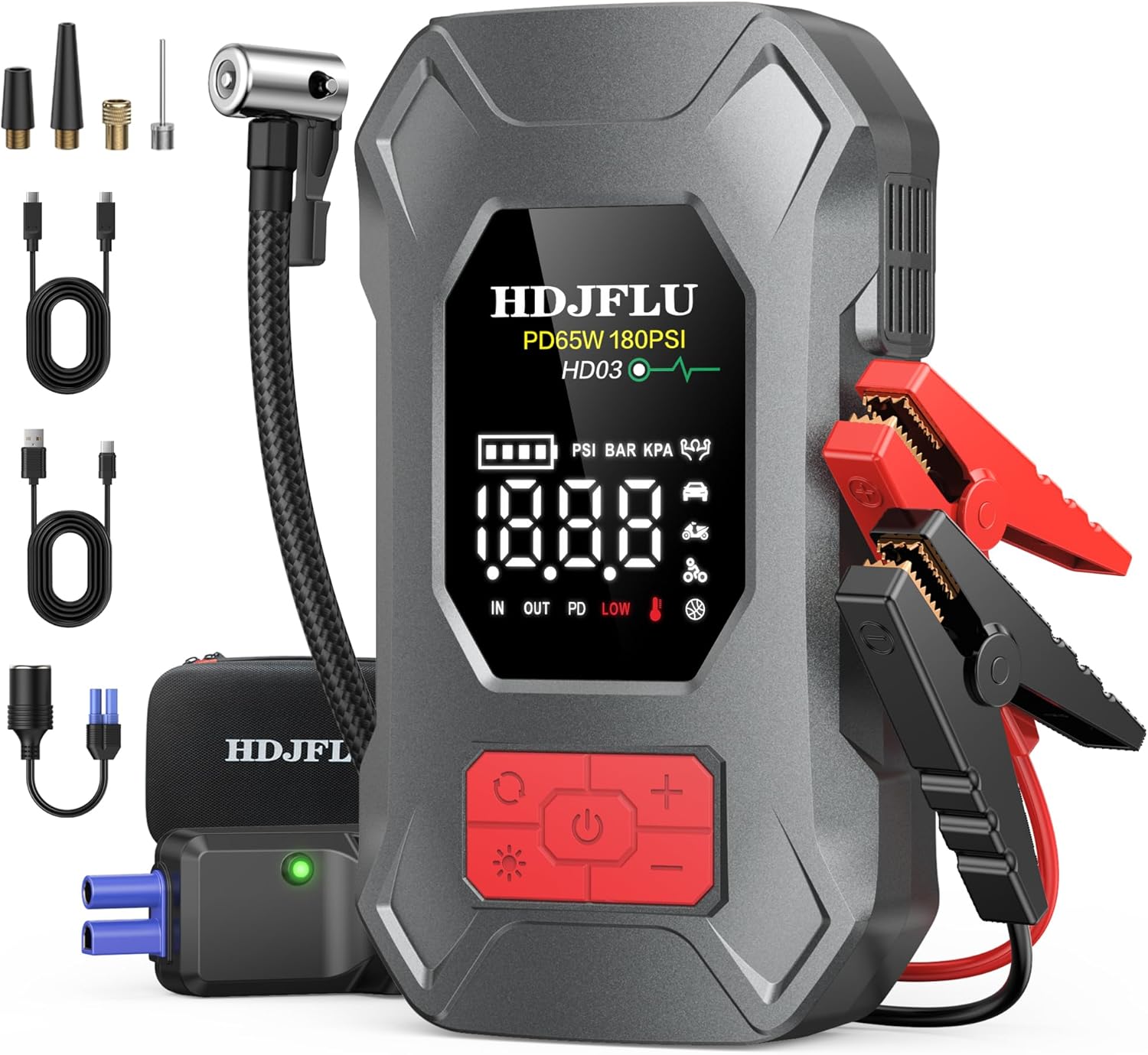 7500A Jump Starter with 180PSI Air Compressor, 24000mAh Car Battery Jump Starter(All Gas/10.0L Diesel), 65W Fast Charge, 10-in-1 Portable Auto Tire Inflator, Cigarette Lighter, Jumper Cable, LED Light