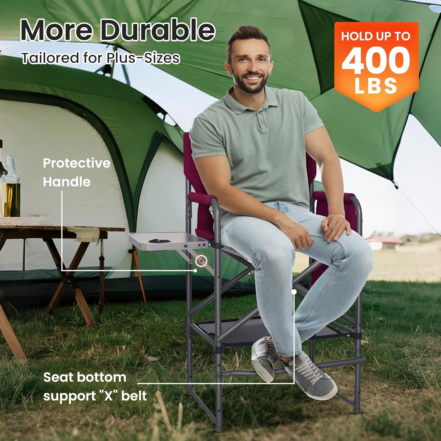 30" Bar Height Director Chair - 400lbs Heavy Duty with Detachable Footrest & Side Table, Portable Foldable Chair for Makeup Artists/Outdoor Events (Wine Red)