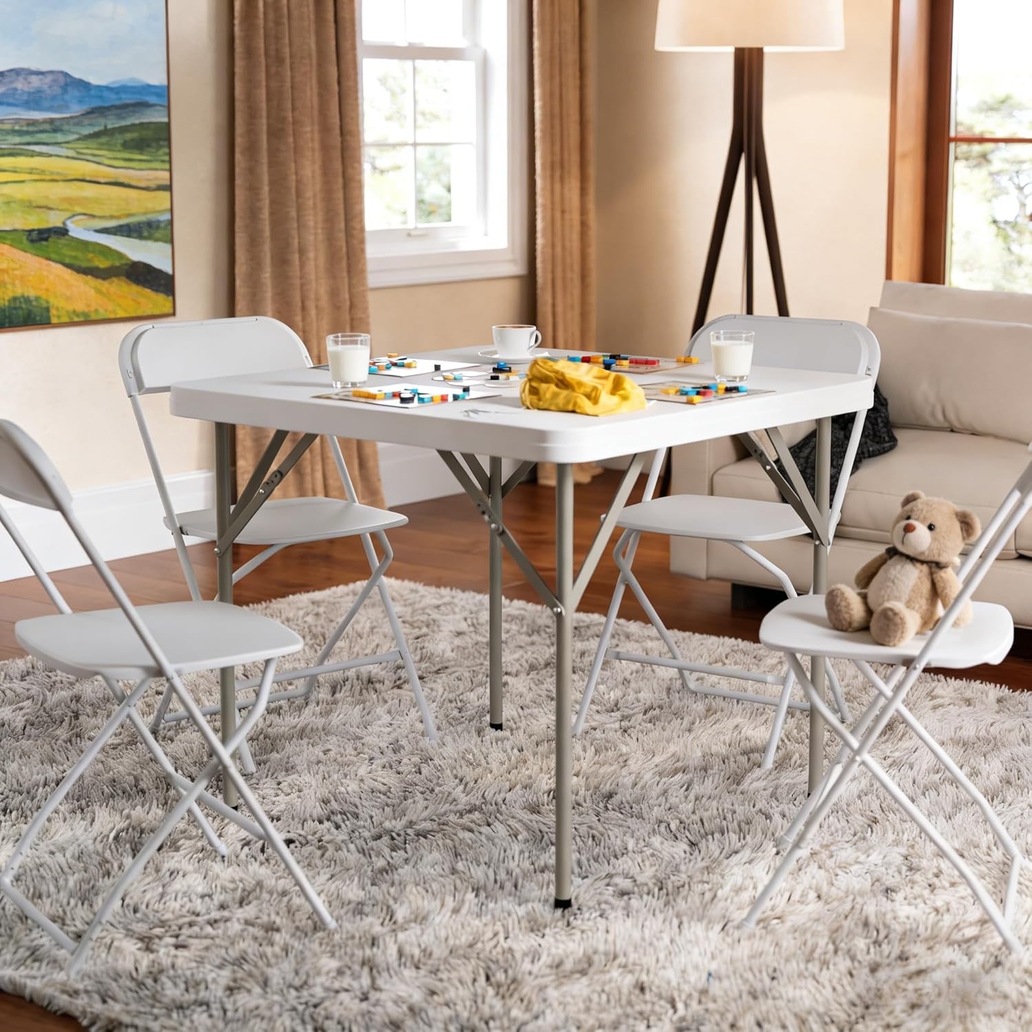 34" Square Folding Table, Plastic Commercial Folding Card Table with Collapsible Legs for Kitchen or Outdoor Party Wedding Event Indoor Outdoor Use, White