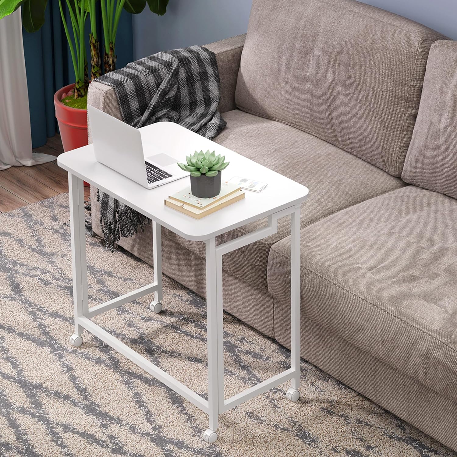4NM 23.6" Mobile Small Rolling Computer Desk, Folding Laptop Cart Table with Wheels, Portable Office Desk for Small Space Couch Bed - All White