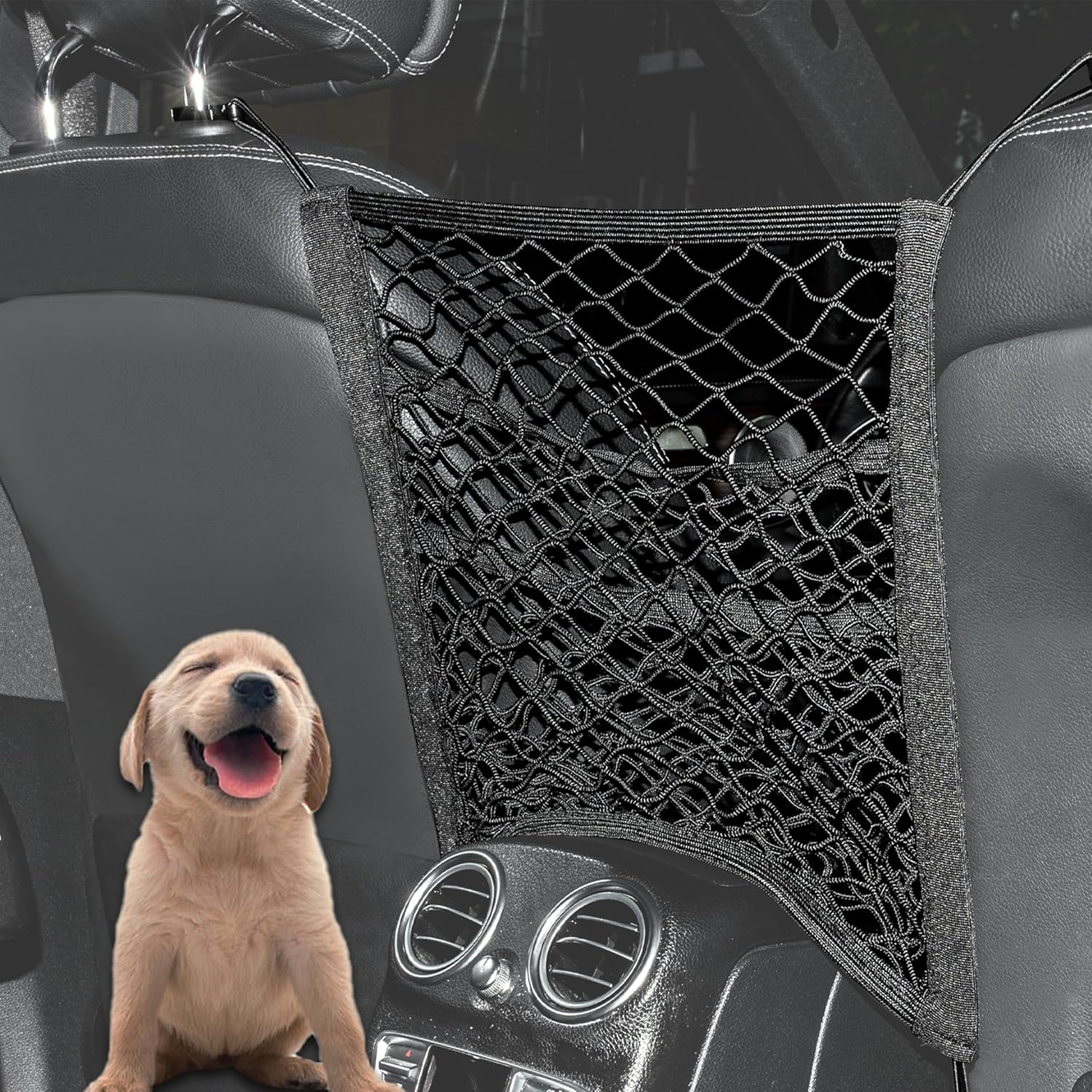 3-Layer Car Mesh Organizer Storage Bag Between Front Seats Kid Dog Pet Net Barrier Car Net Pocket Elastic Tissue Purse Holder Netting Pouch for SUV, Truck, Van 15.7" x 13.7"